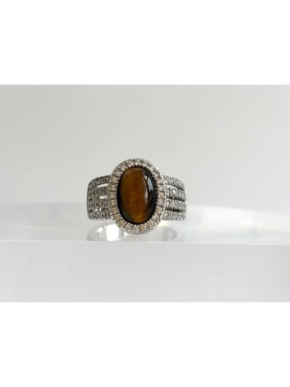 Genuine Tiger's Eye Gemstone Open Shank Sterling Silver 925 Vintage Ring - sz 8